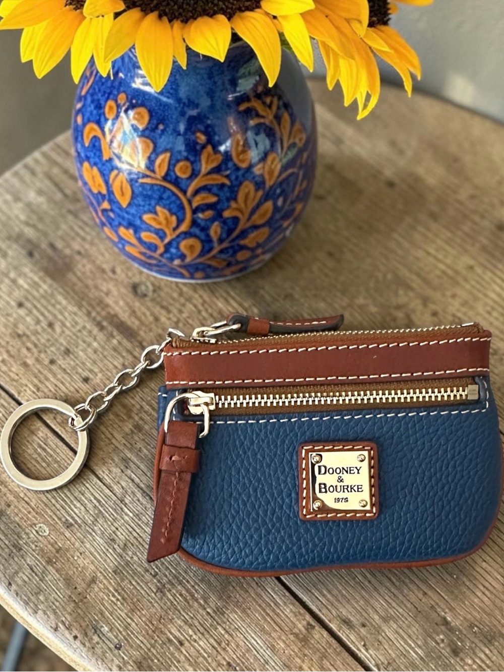 Dooney & Bourke Navy and Brown Leather Key Coin Pouch